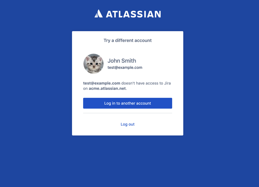 アトラシアン製品へのログインのスクリーンショット (別のアカウントにログインするためのボタン付き)