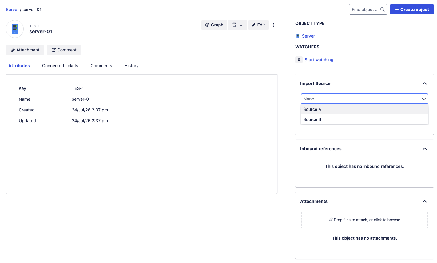Screenshot of an object view with the Import source dropdown open in the side panel.
