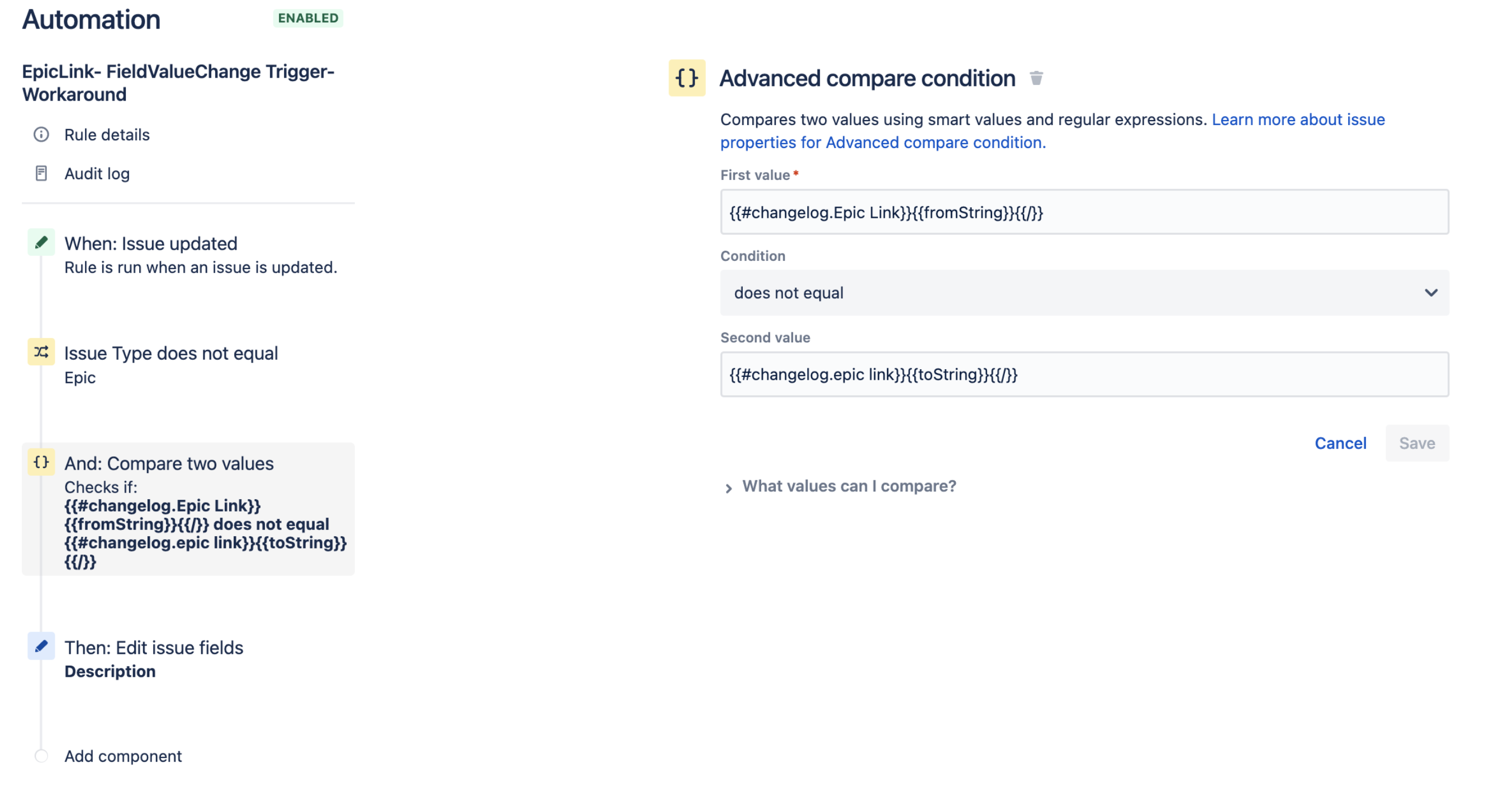 Automation rule showing workaround to detect change on Epic Link field 