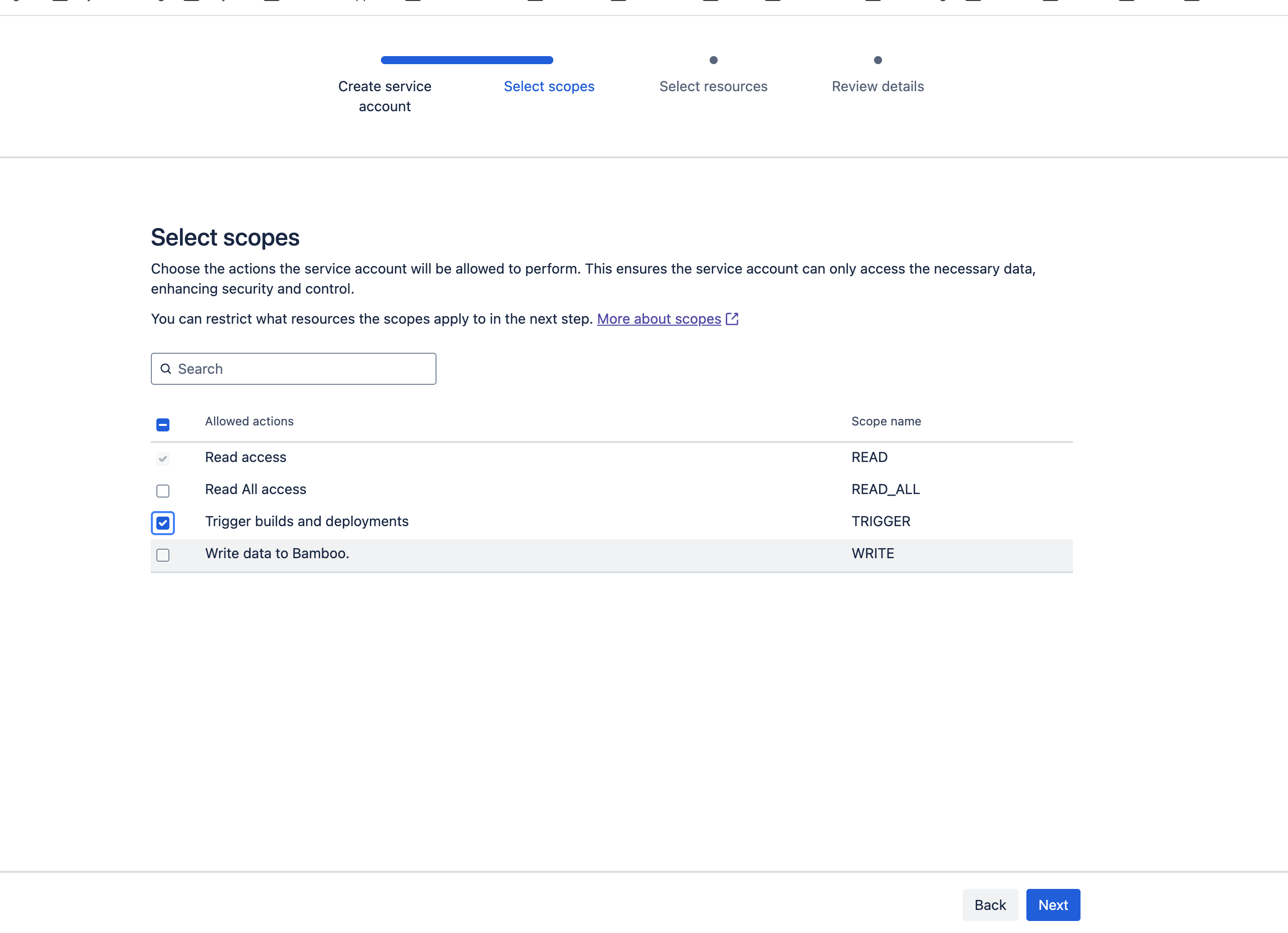 create Service Account  Bamboo scope
