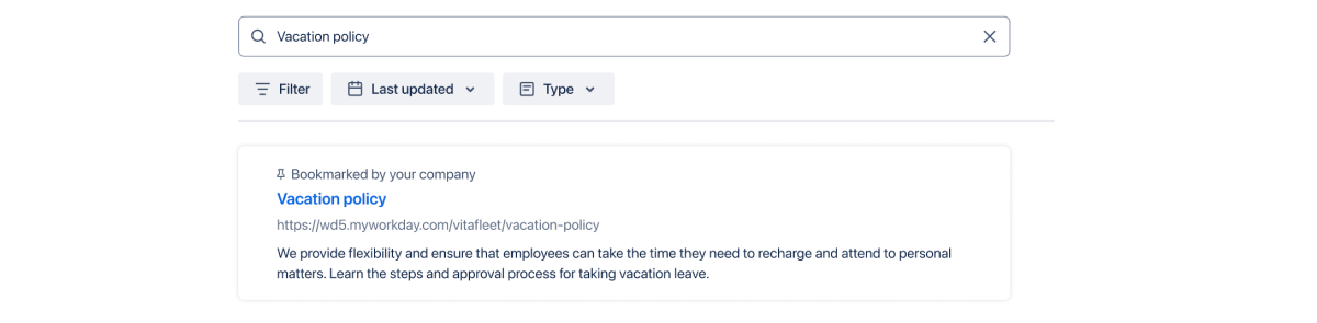 Screenshot of a search for 'Vacation policy' with bookmark showing.