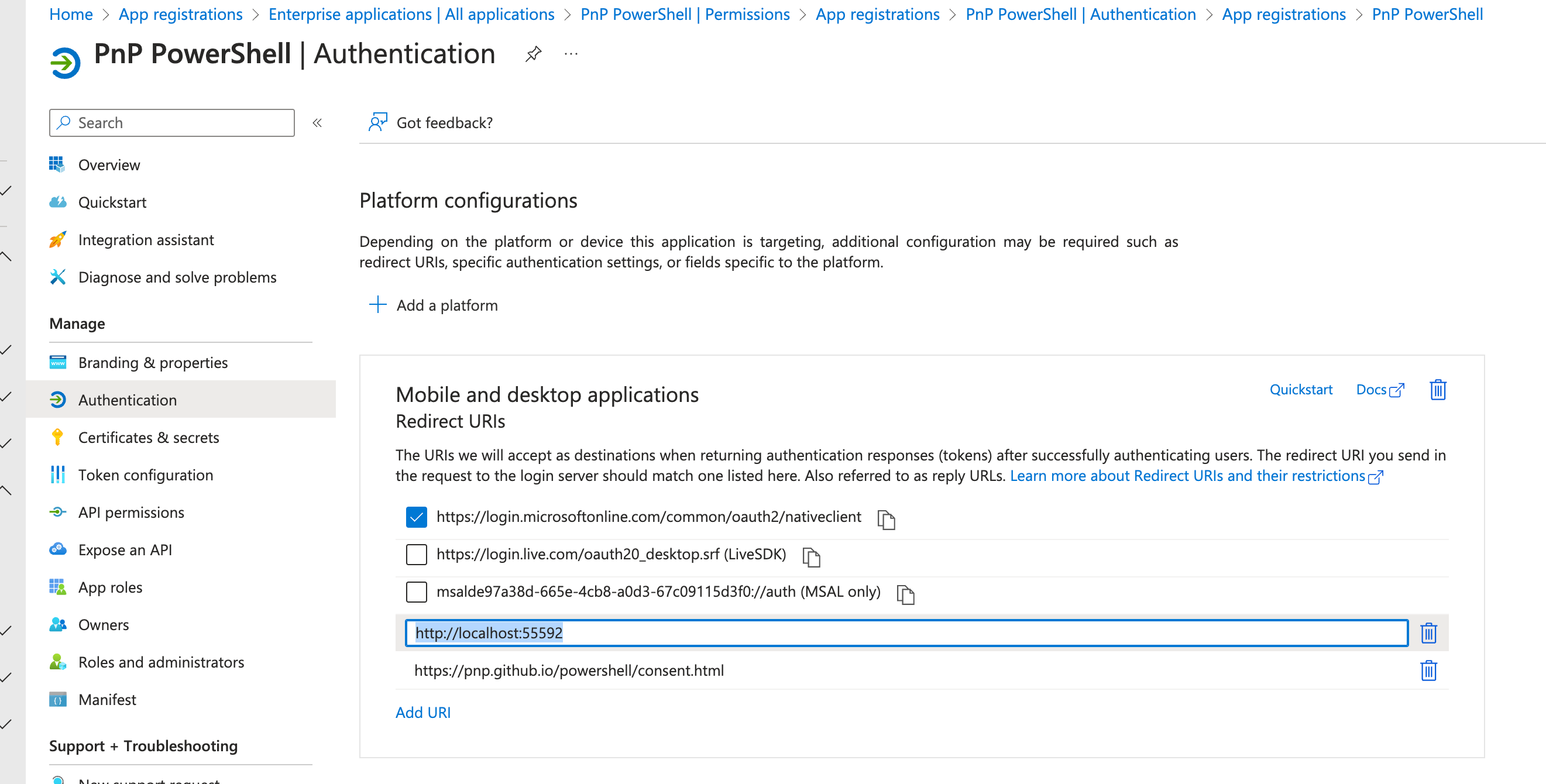 Screenshot of Authentication screen for PnP Powershell, adding Redirect URIs