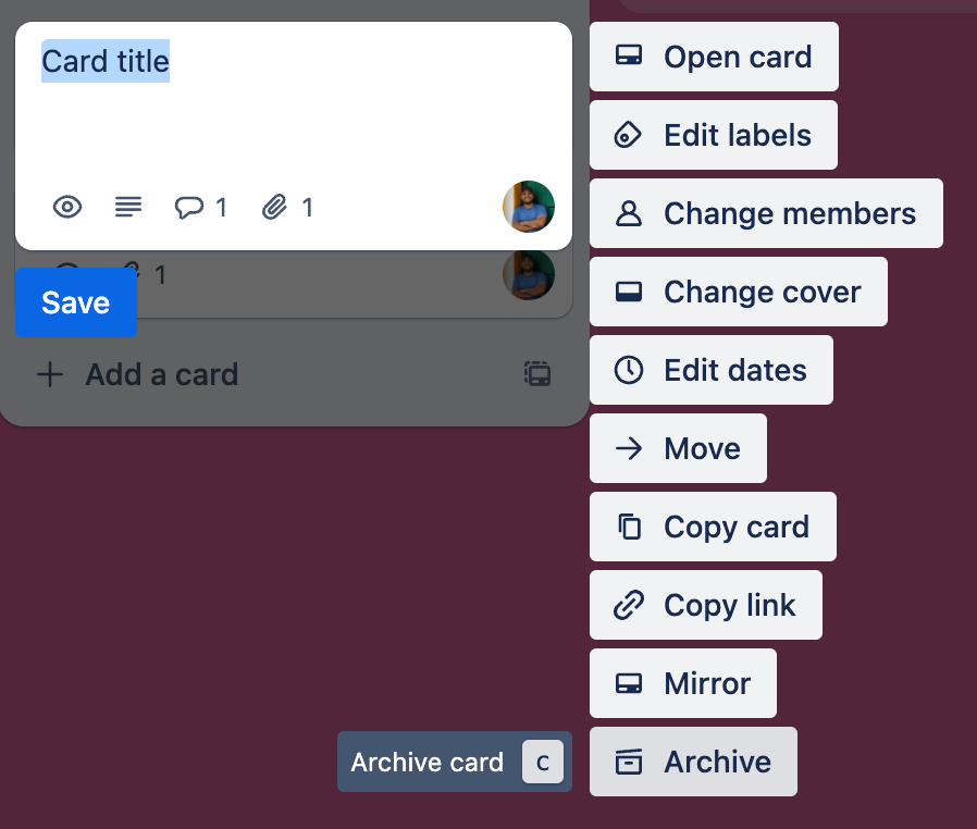 List of actions displayed when hovering the pointer over a card