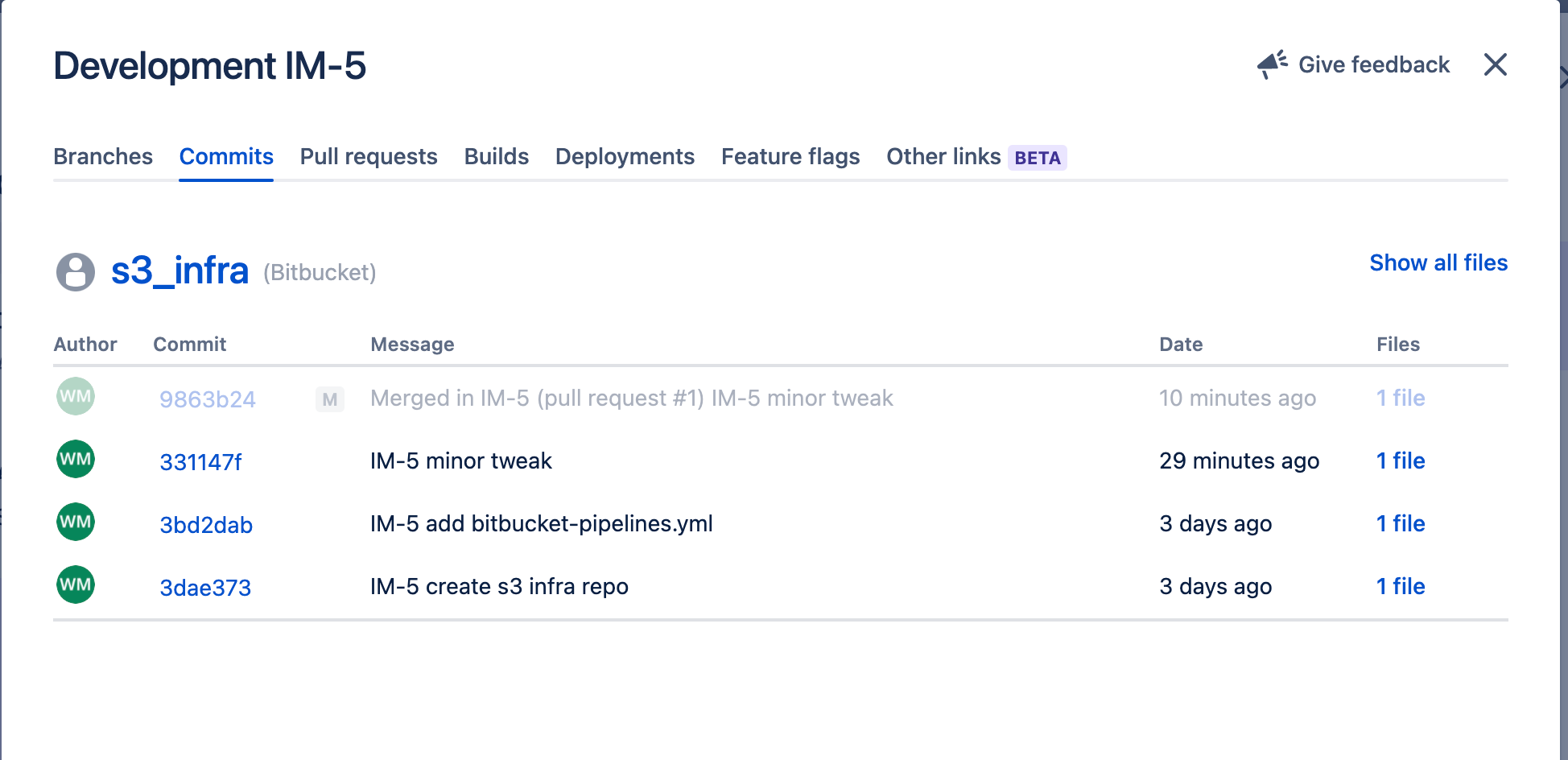 Jira commits tab with updates from CI/CD