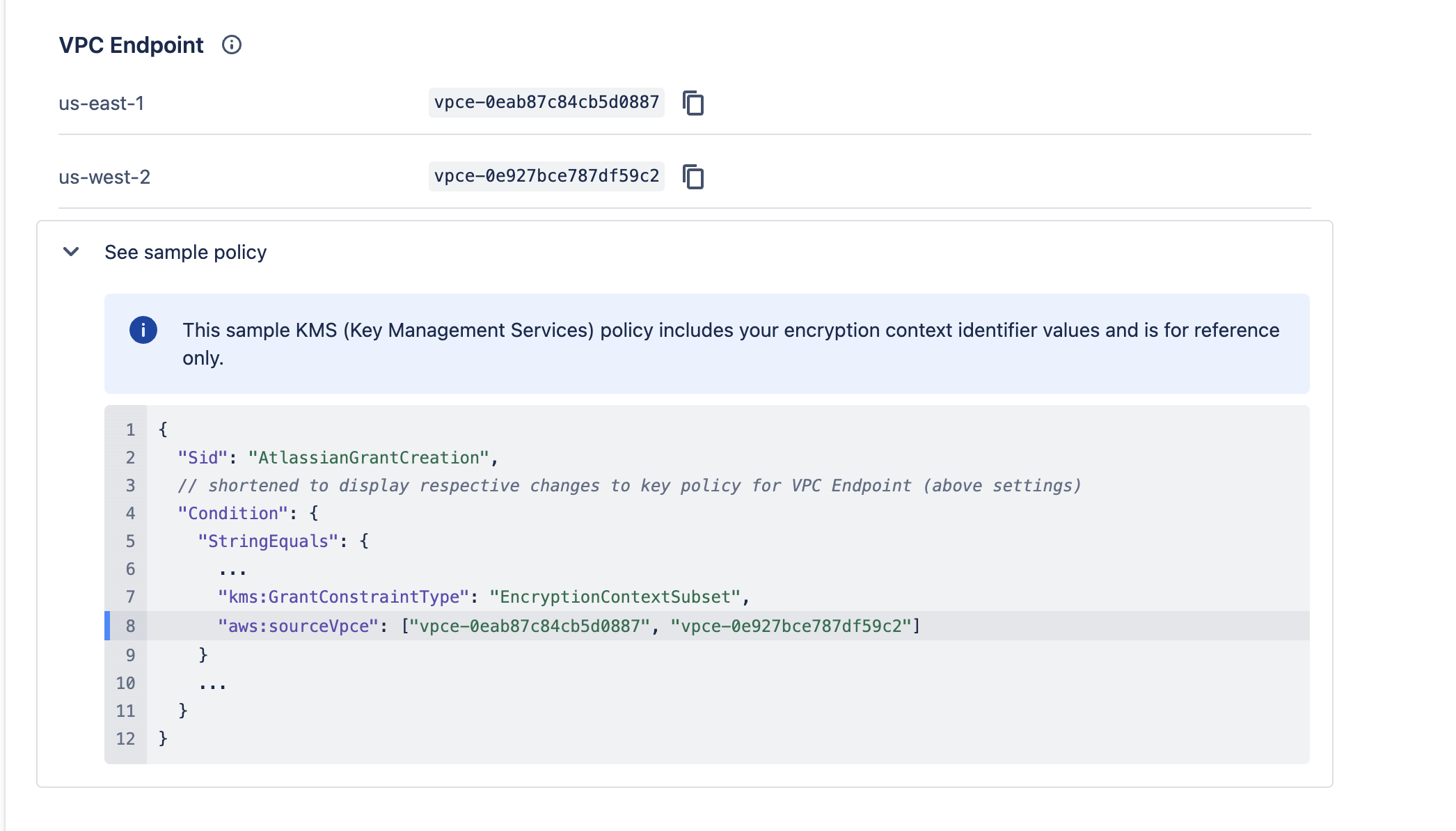 VPC endpoint sample policy details