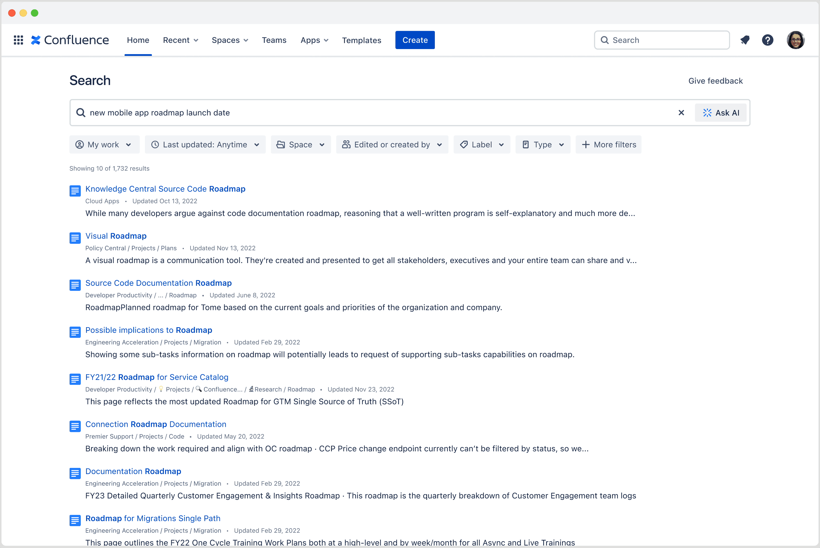 Asking a question of Atlassian Intelligence in Confluence advanced search