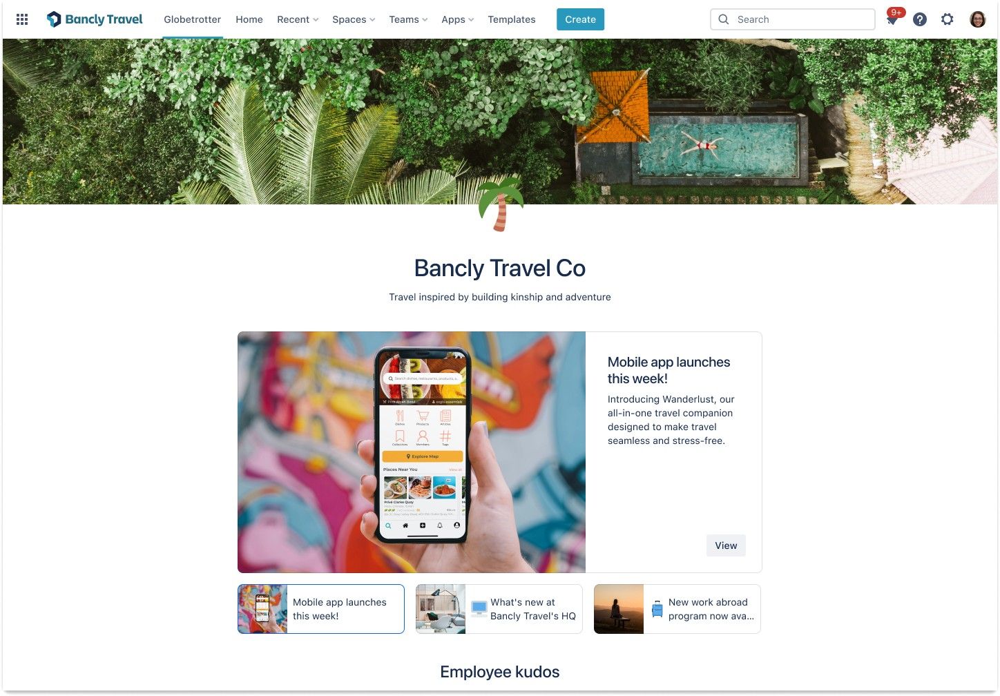 A view of a company hub landing page for imaginary company Bancly Travel Co
