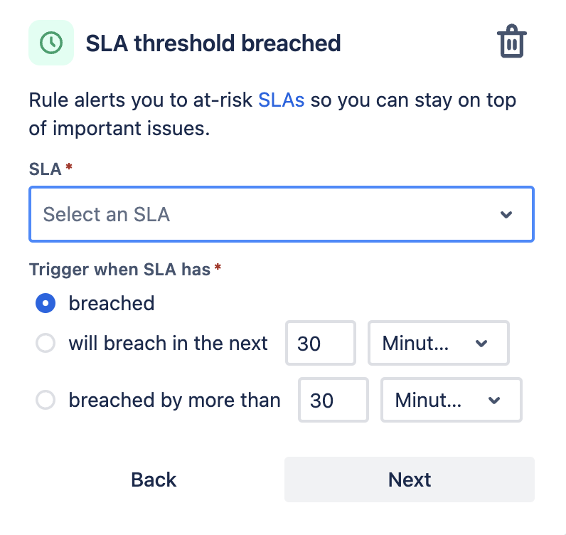 自動化における "SLA しきい値違反時" トリガー