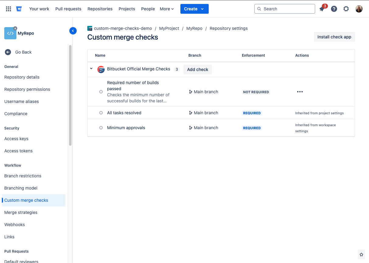 An example of the custom merge checks admin experience