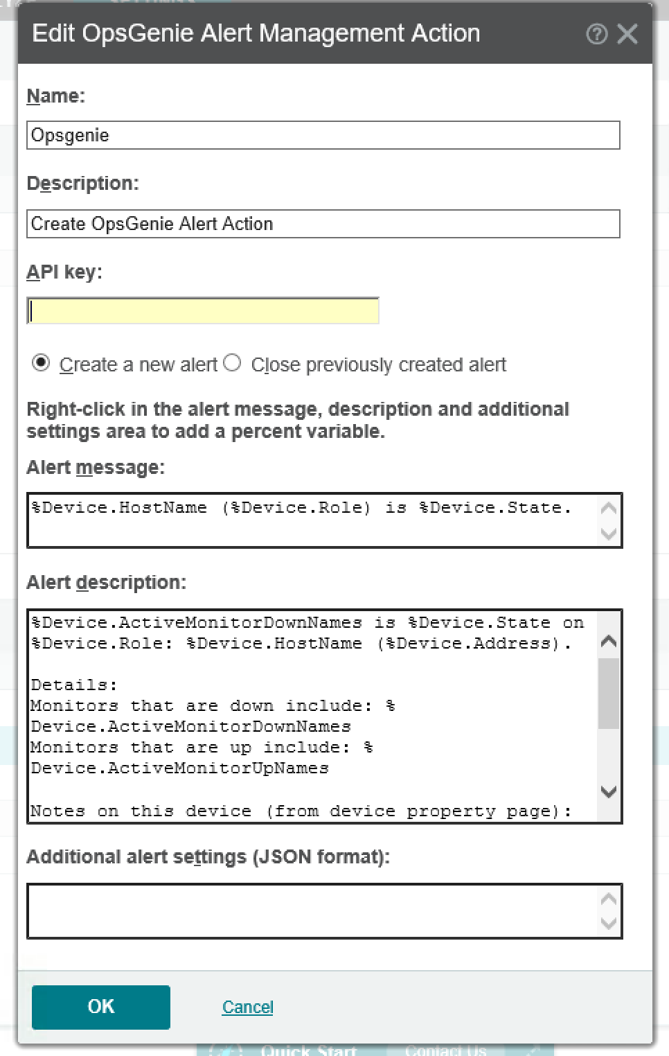 Edit Opsgenie alert management action