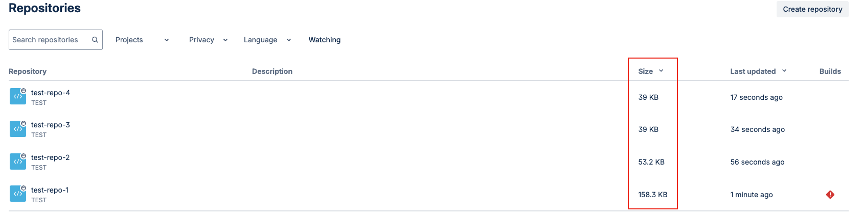 Size column in the Repositories page of a Bitbucket Cloud workspace