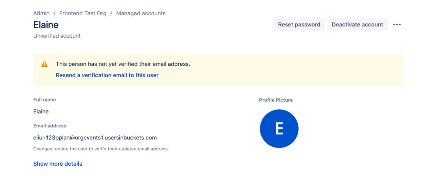 Individual user's managed account with a banner about how the user hasn't verified their email address.