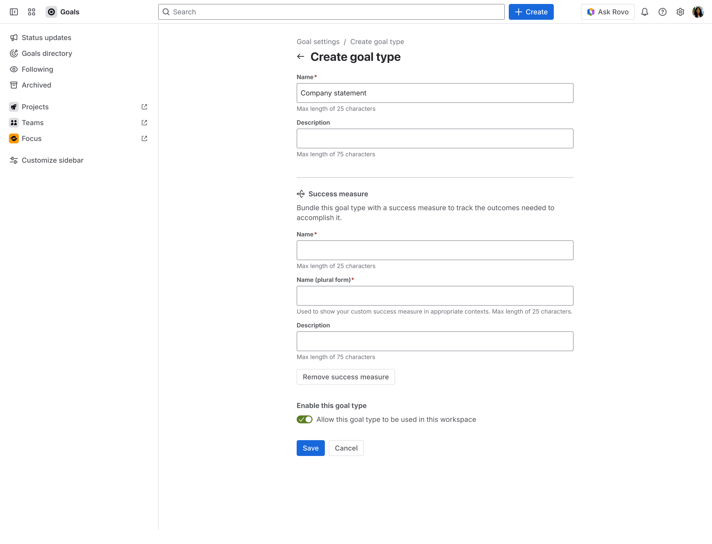 Admin settings page for Goals showing the goal type creation page.