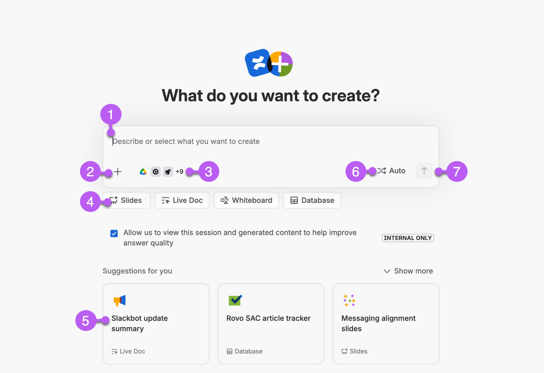 The Create with Rovo full screen experience, annotated with numbers.