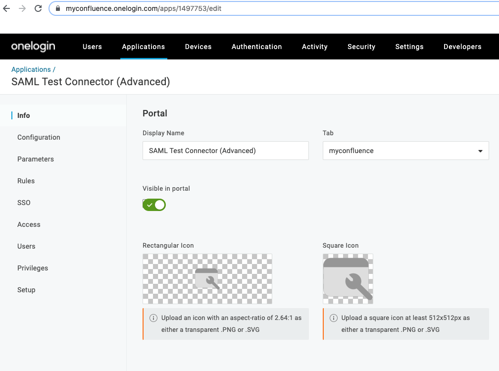 Screenshot showing the 'Info' tab for the SAML app in OneLogin. The page displays the app 'Display Name', 'Visible in portal' toggle and app icons