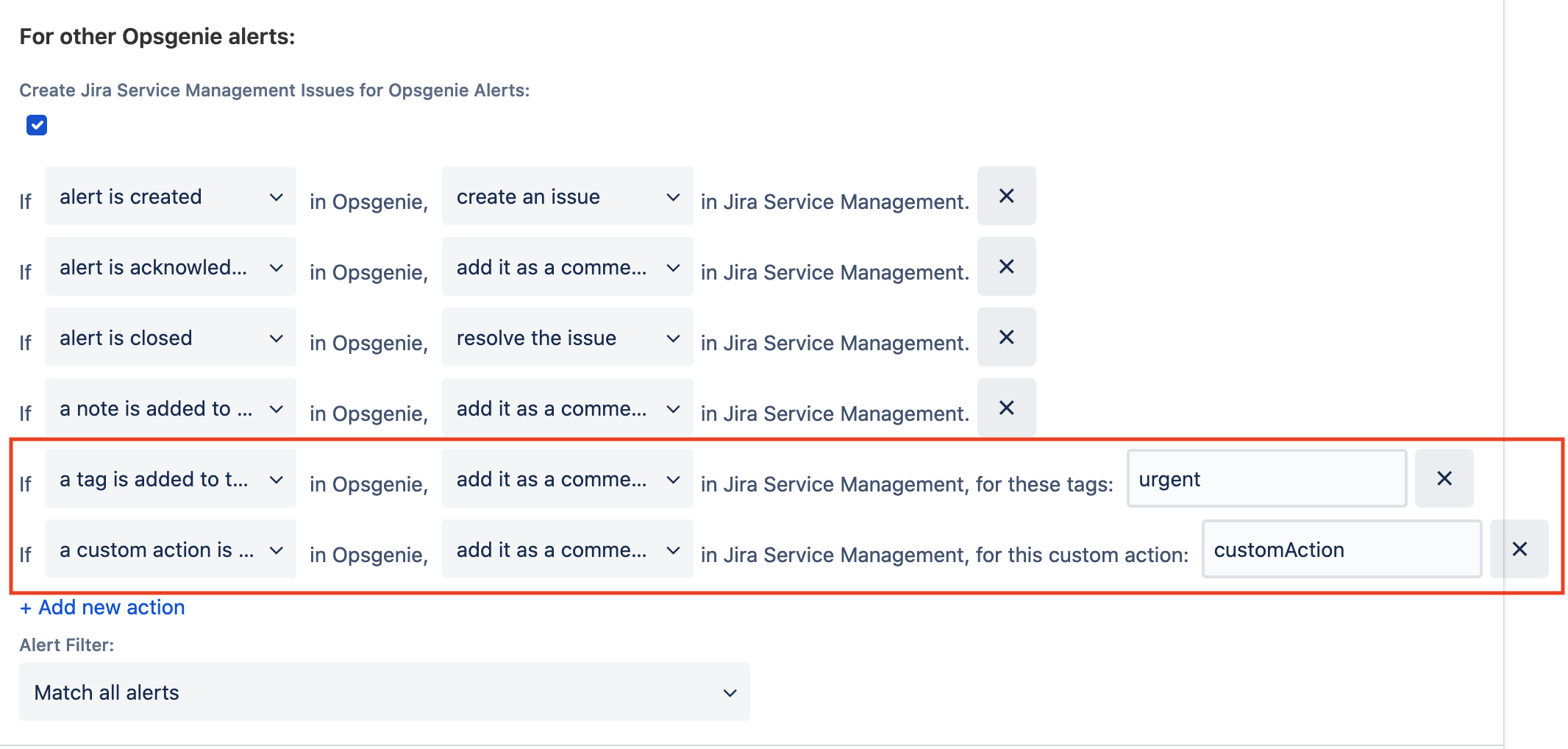 A screenshot showing the action mapping for, for other Opsgenie alerts checkbox.
