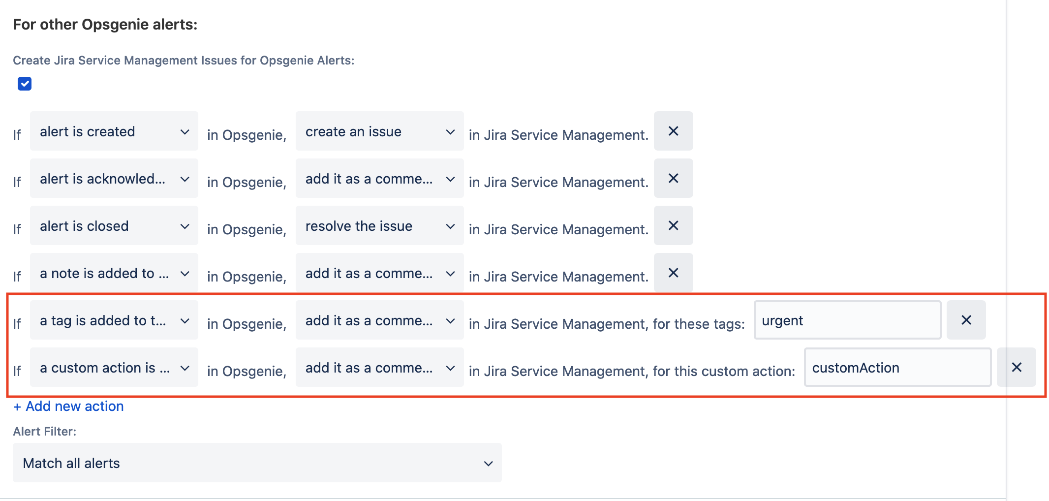 他の Opsgenie アラート チェックボックスのアクション マッピングを示すスクリーンショット。