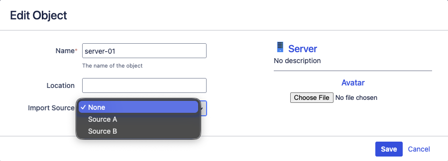 Screenshot of the object edit menu showing the new Import source select dropdown