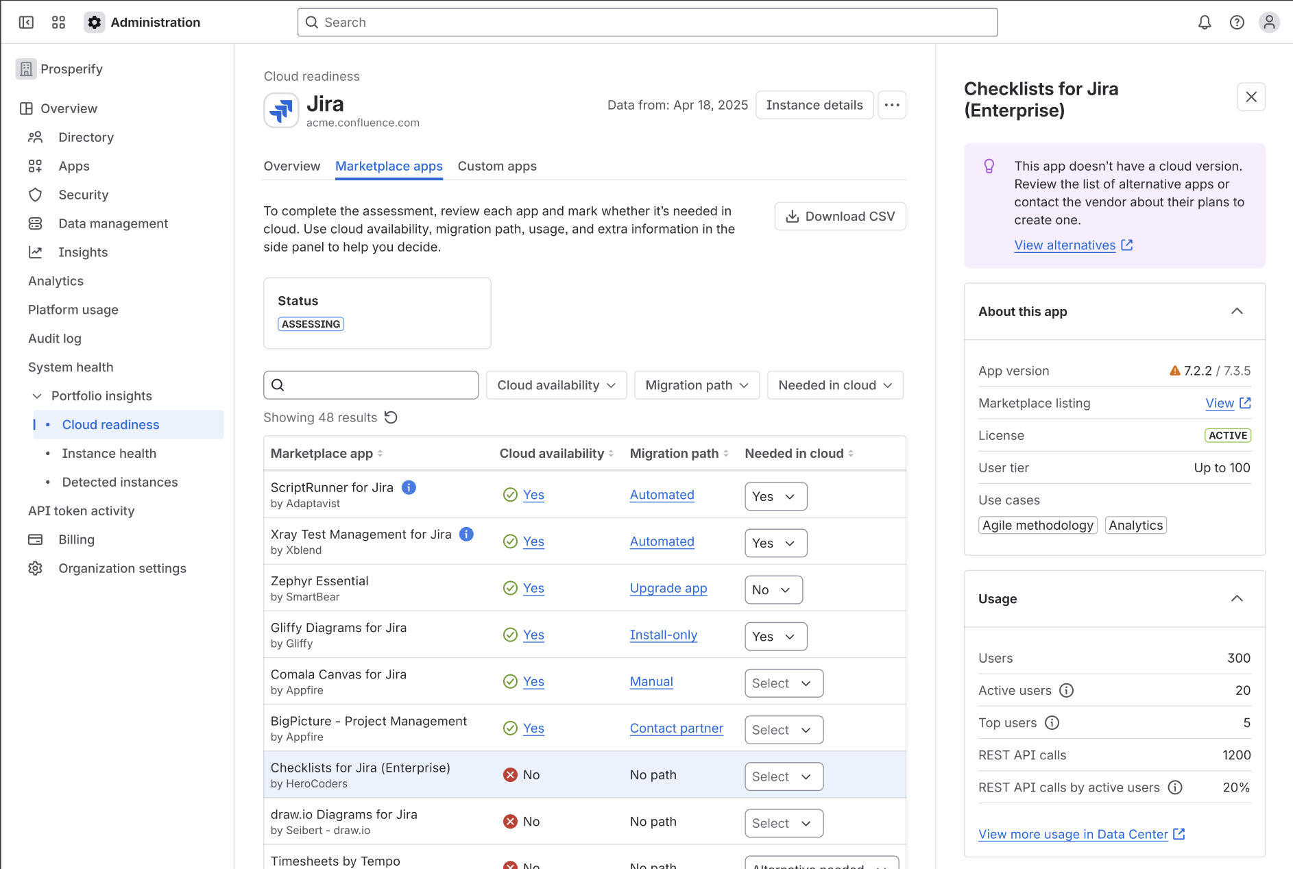 Image of app information panel in the Marketplace Apps assessment page in Portfolio Insights.
