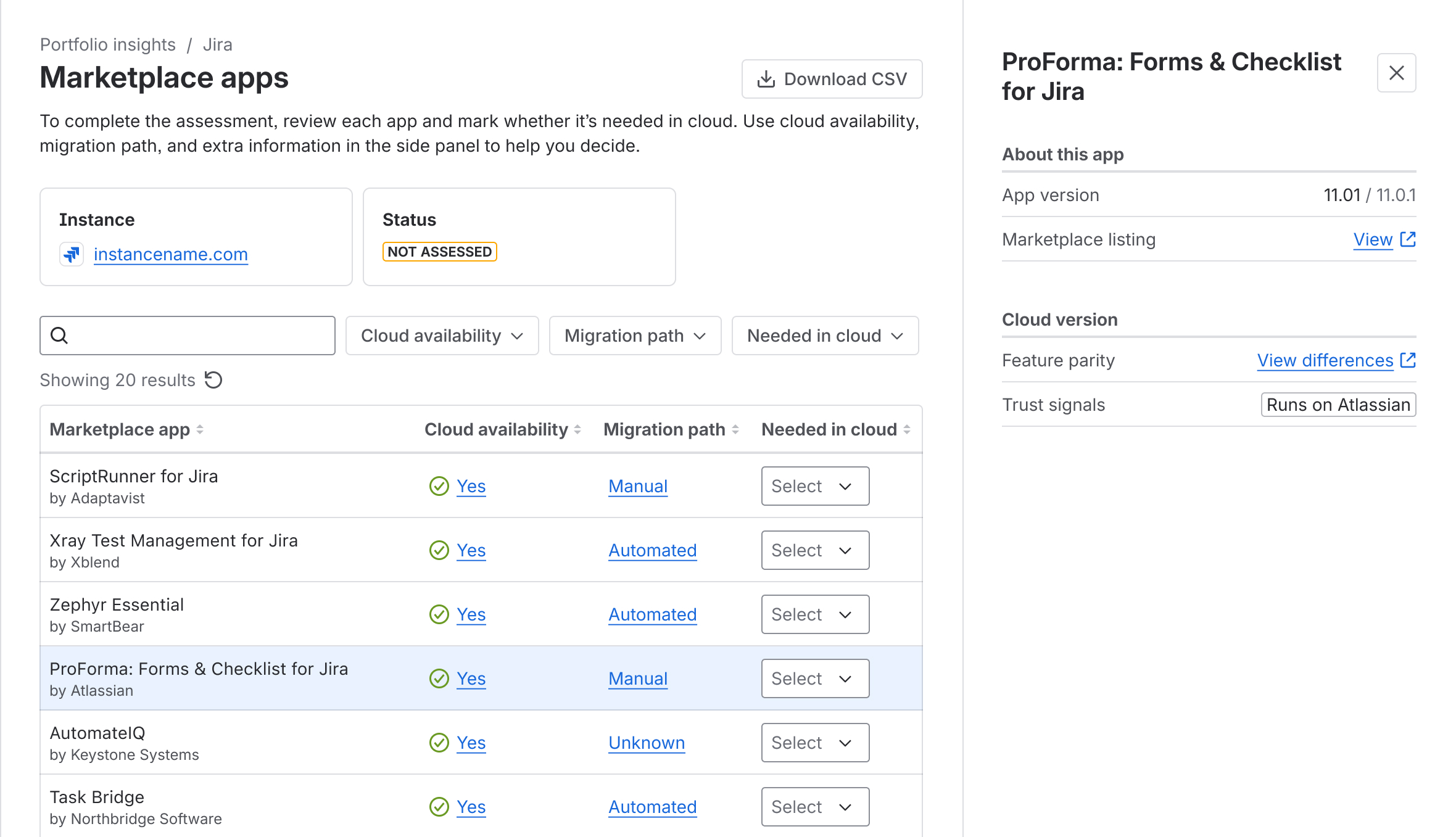 Image of app information panel in the Marketplace Apps assessment page in Portfolio Insights.