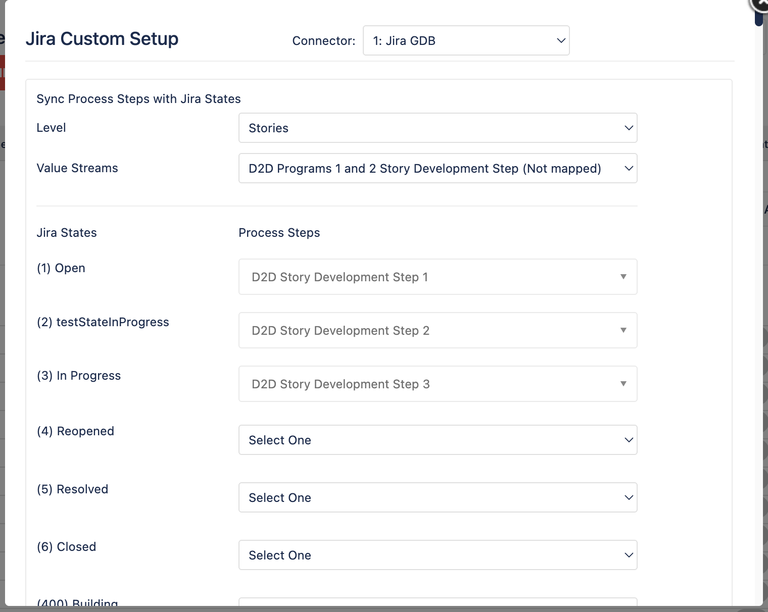 image of Jira mapping screen to sync process steps with Jira states