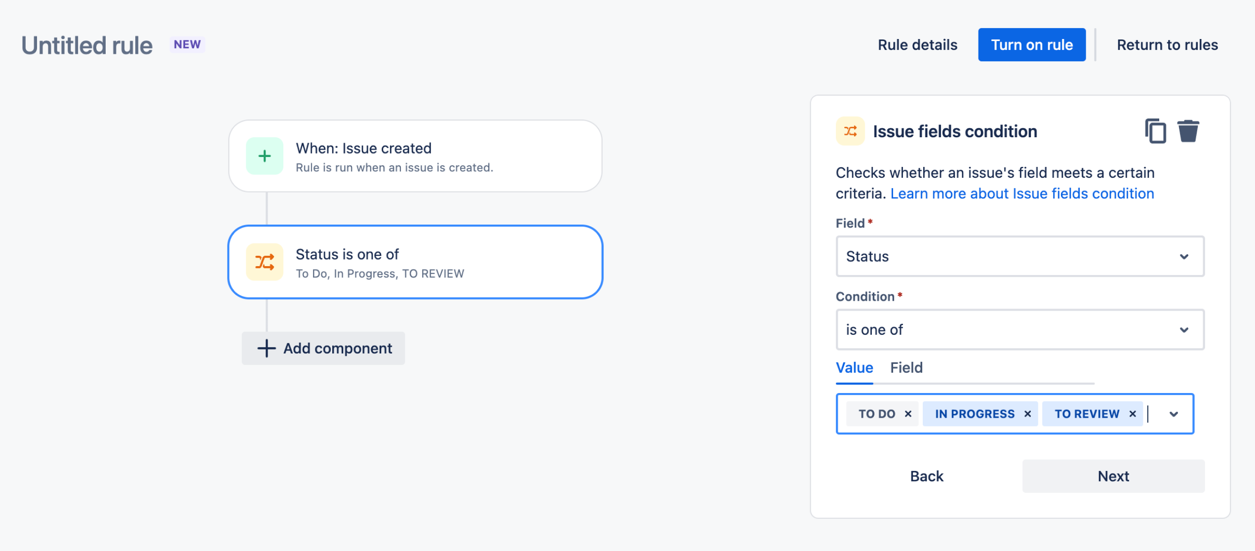 Example of when to use issue fields condition in an automation rule