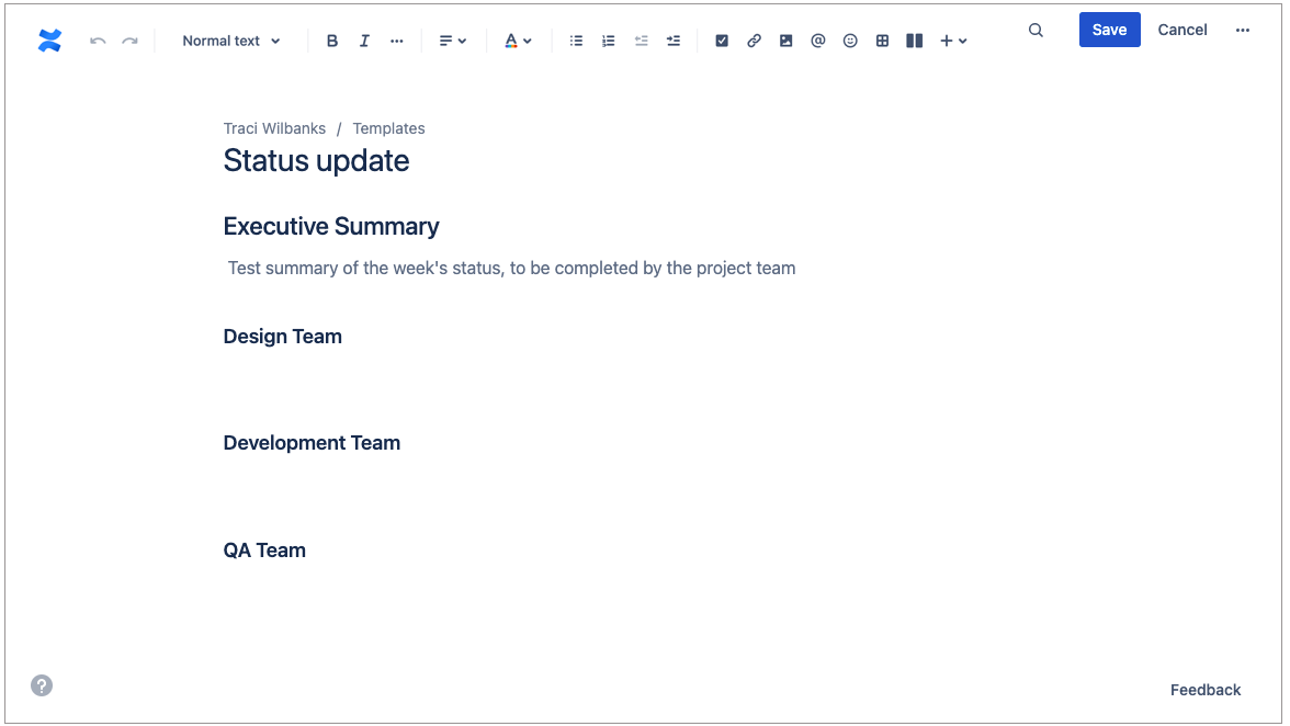 Creating a status update template in Confluence
