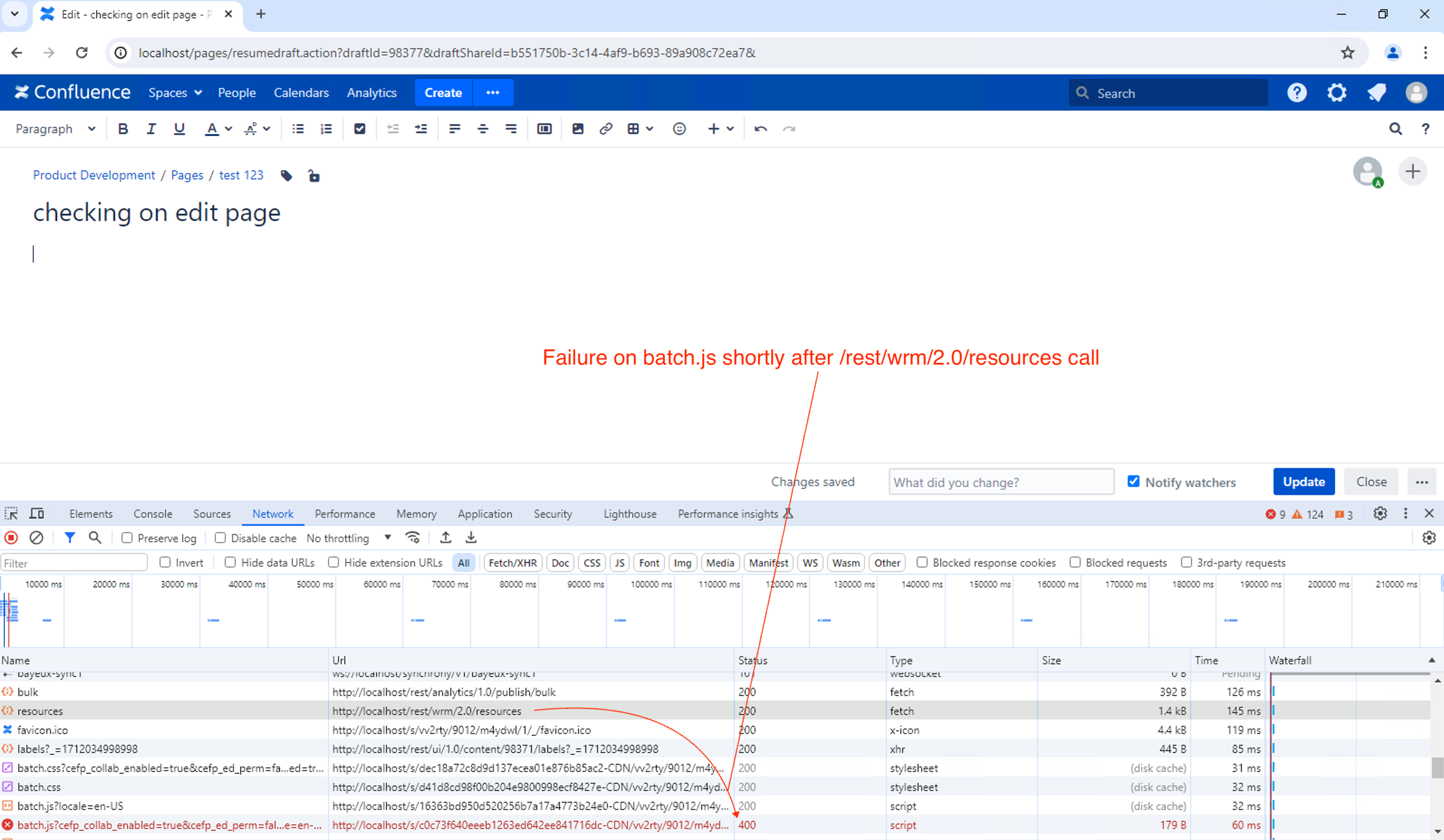 Screenshot showing a Confluence DC page being edited in a browser. The browser web developer tools are open to the 'Network' tab. There is a call to 'batch.js' that is failing with a HTTP 400 response