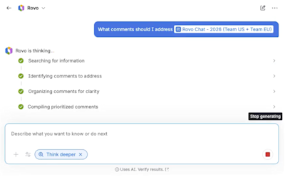 Rovo Chat Think deeper is selected and active. Interface shows Rovo is thinking with steps like "Searching for information"