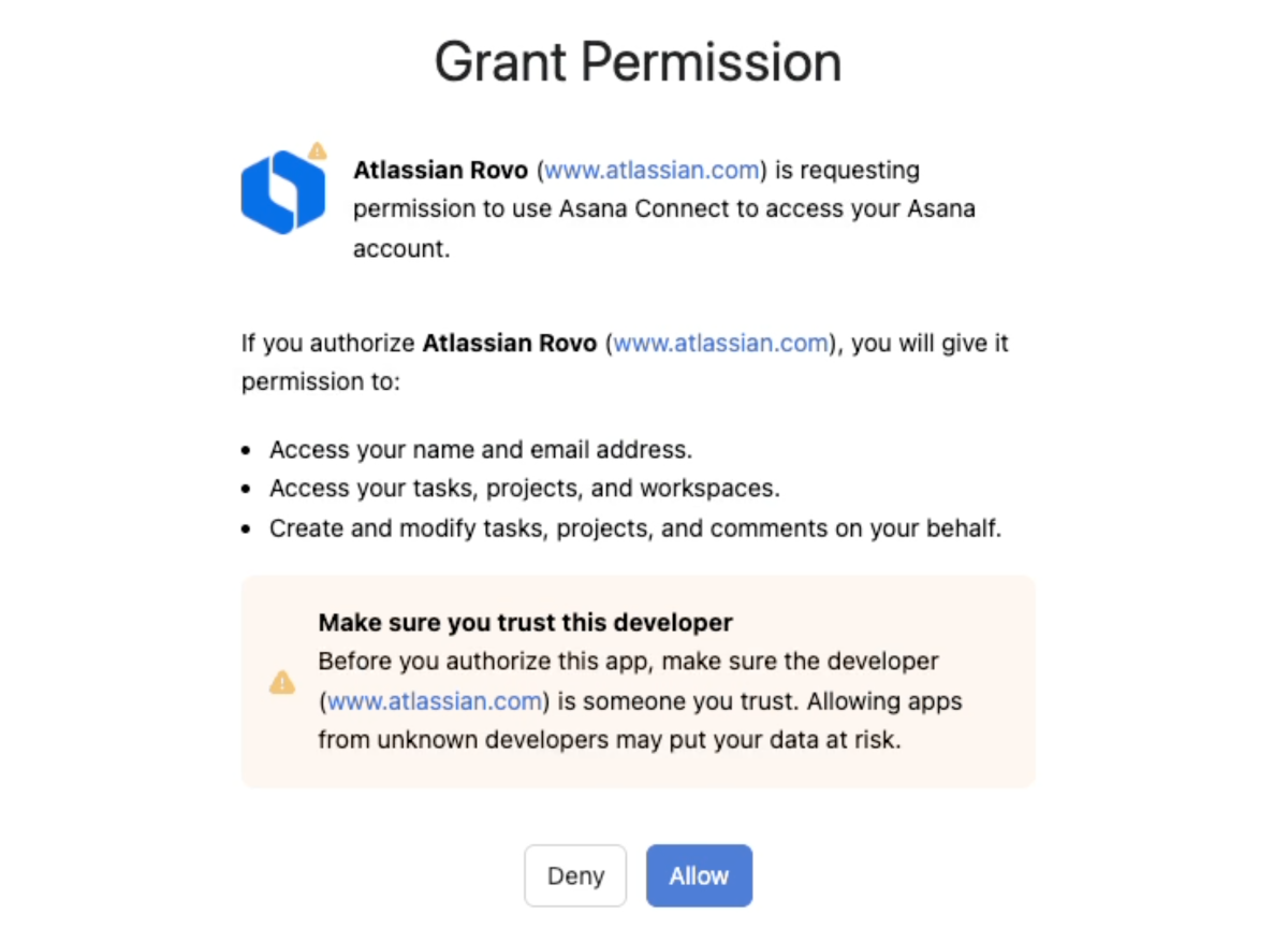 Consent screen showing Atlassian Rovo asking for permission to access data within Asana account