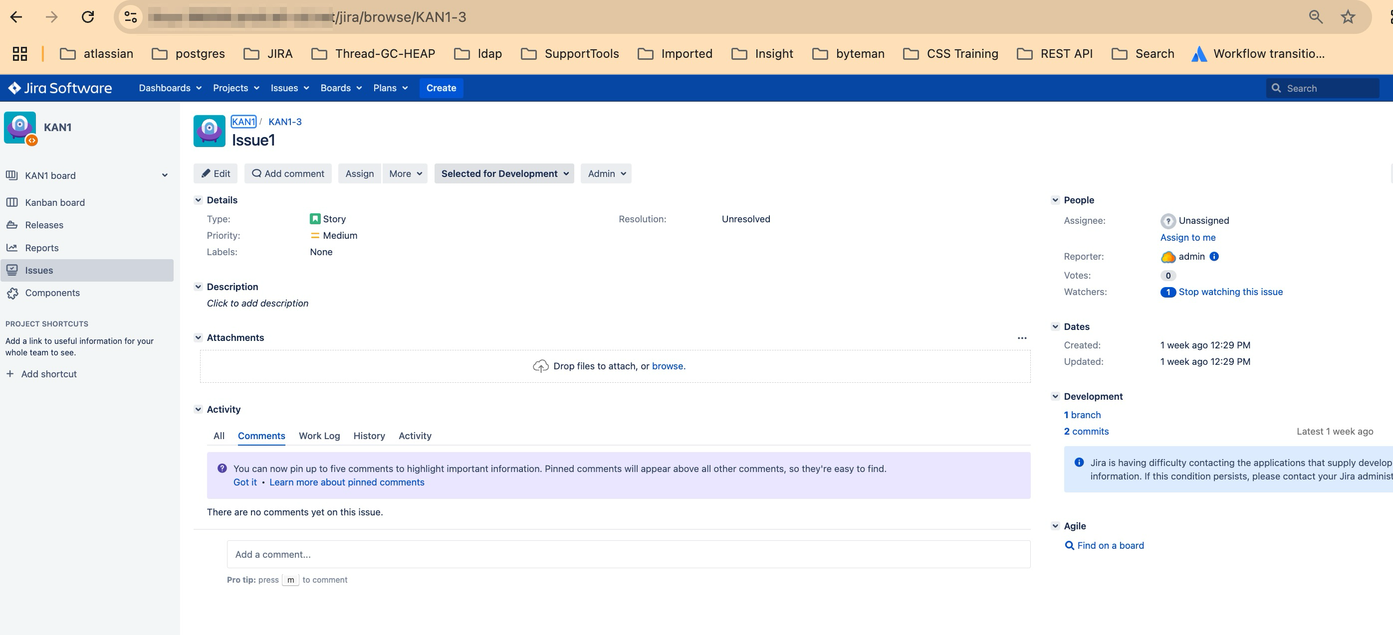 Jira issue view displaying the Development panel