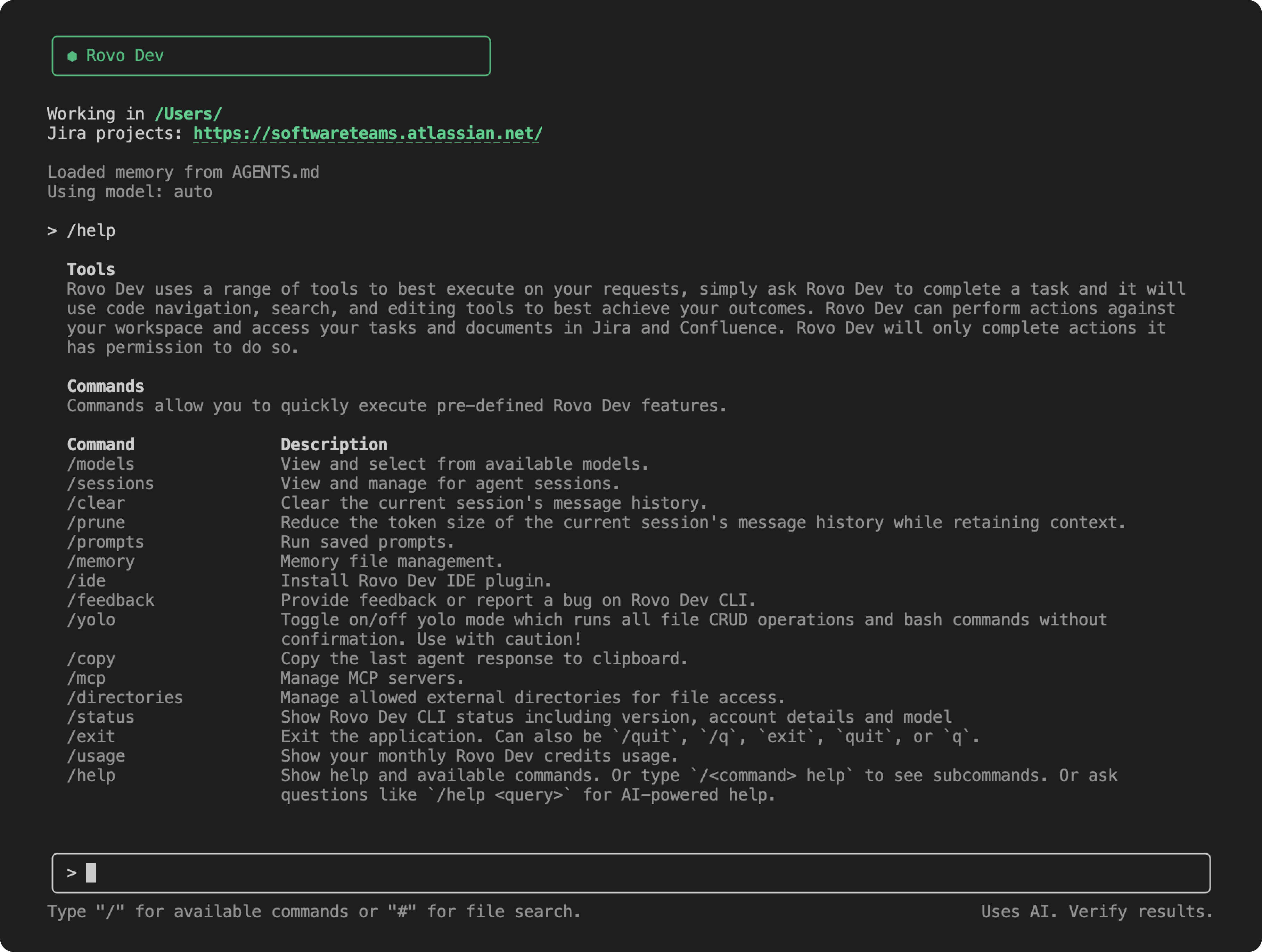 Rovo Dev CLI can display all commands after the /help command