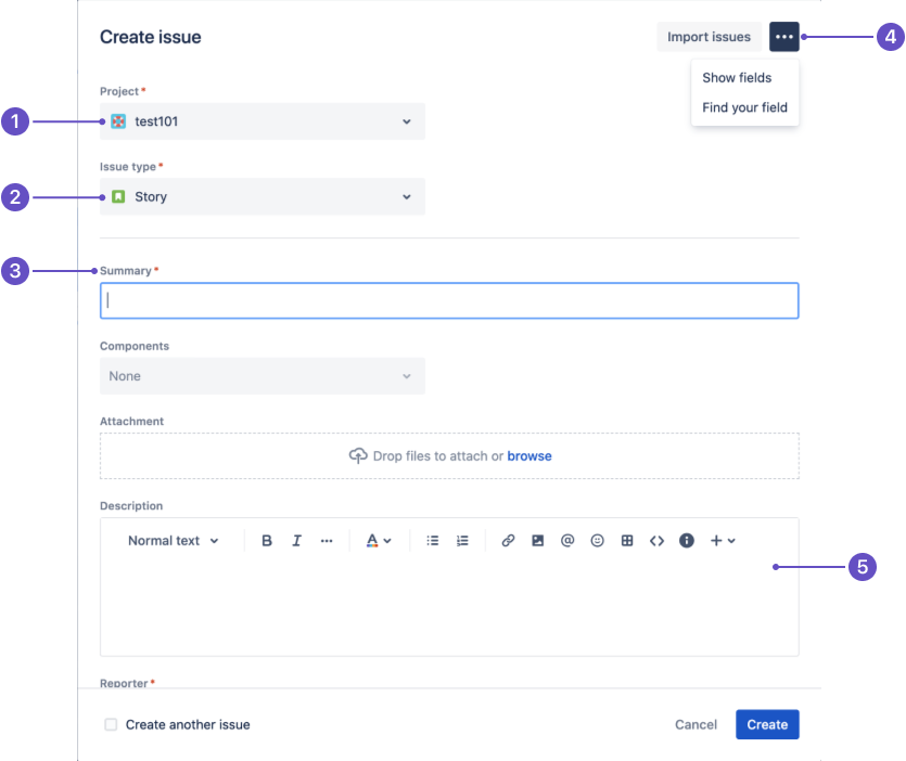 The create issue screen in Jira with project, issue type, fields and more menu. 