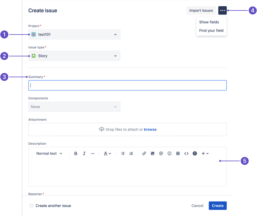 プロジェクト、課題タイプ、フィールドなどのメニューのある Jira の課題作成画面。 