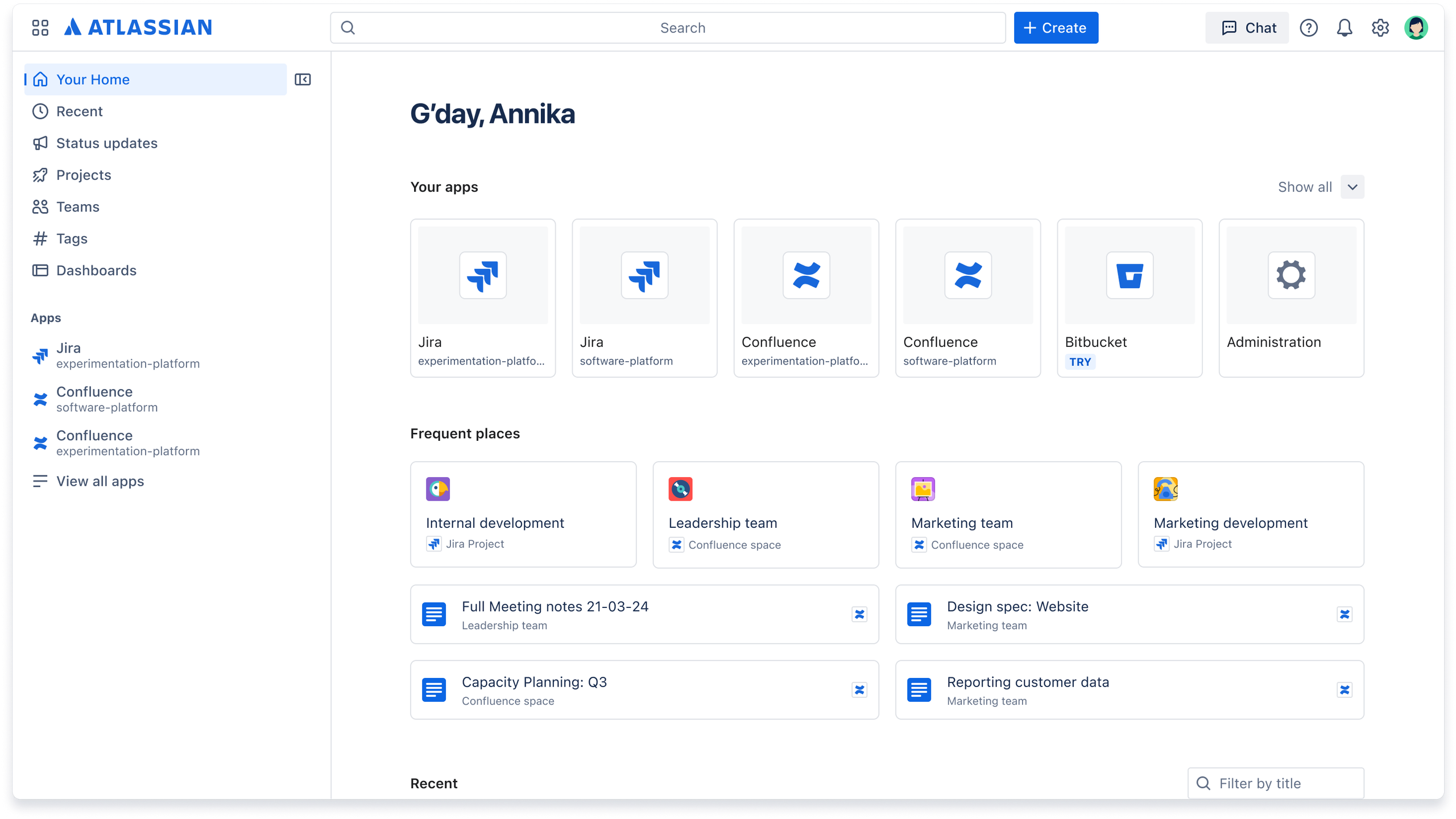 Atlassian Home's new navigation sidebar