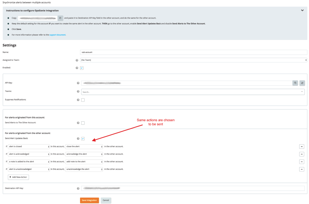 A screenshot showing the configuration of sub-accounts when integrating Opsgenie with another Opsgenie.