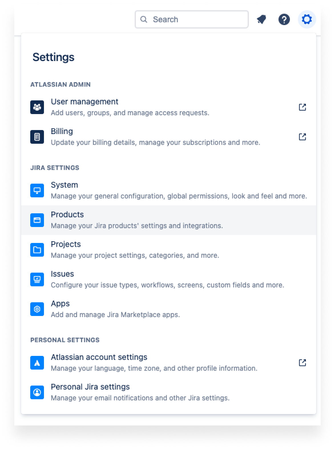 Screenshot of going to Jira settings > Products