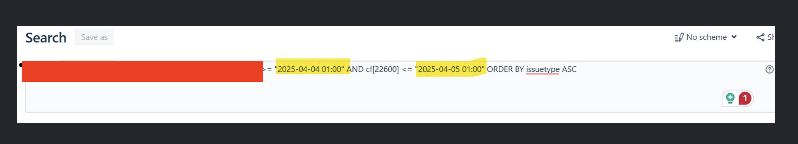 JQL search with a time window of one hour after midnight for begin and start date