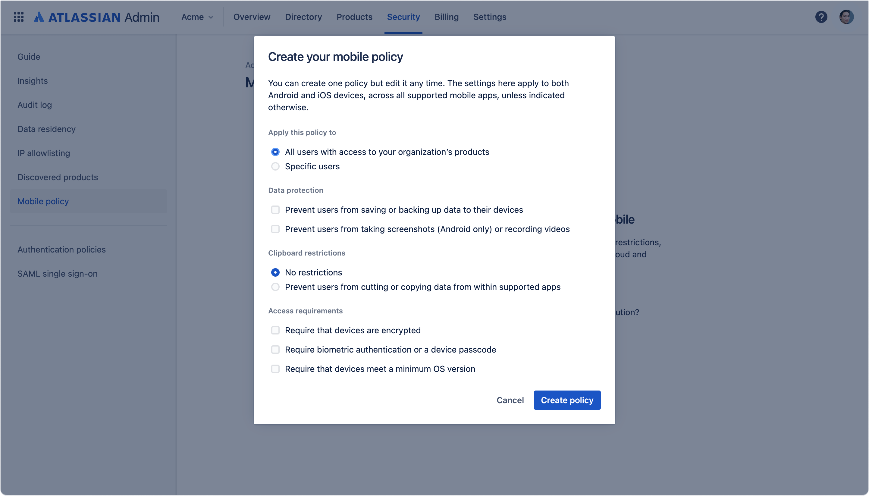 Screenshot of the security settings available for mobile policy