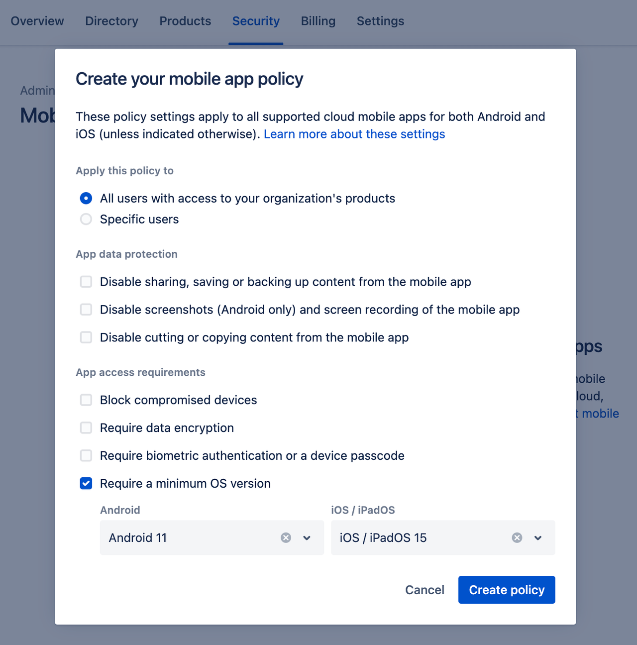 Screenshot of the security settings available for mobile policy