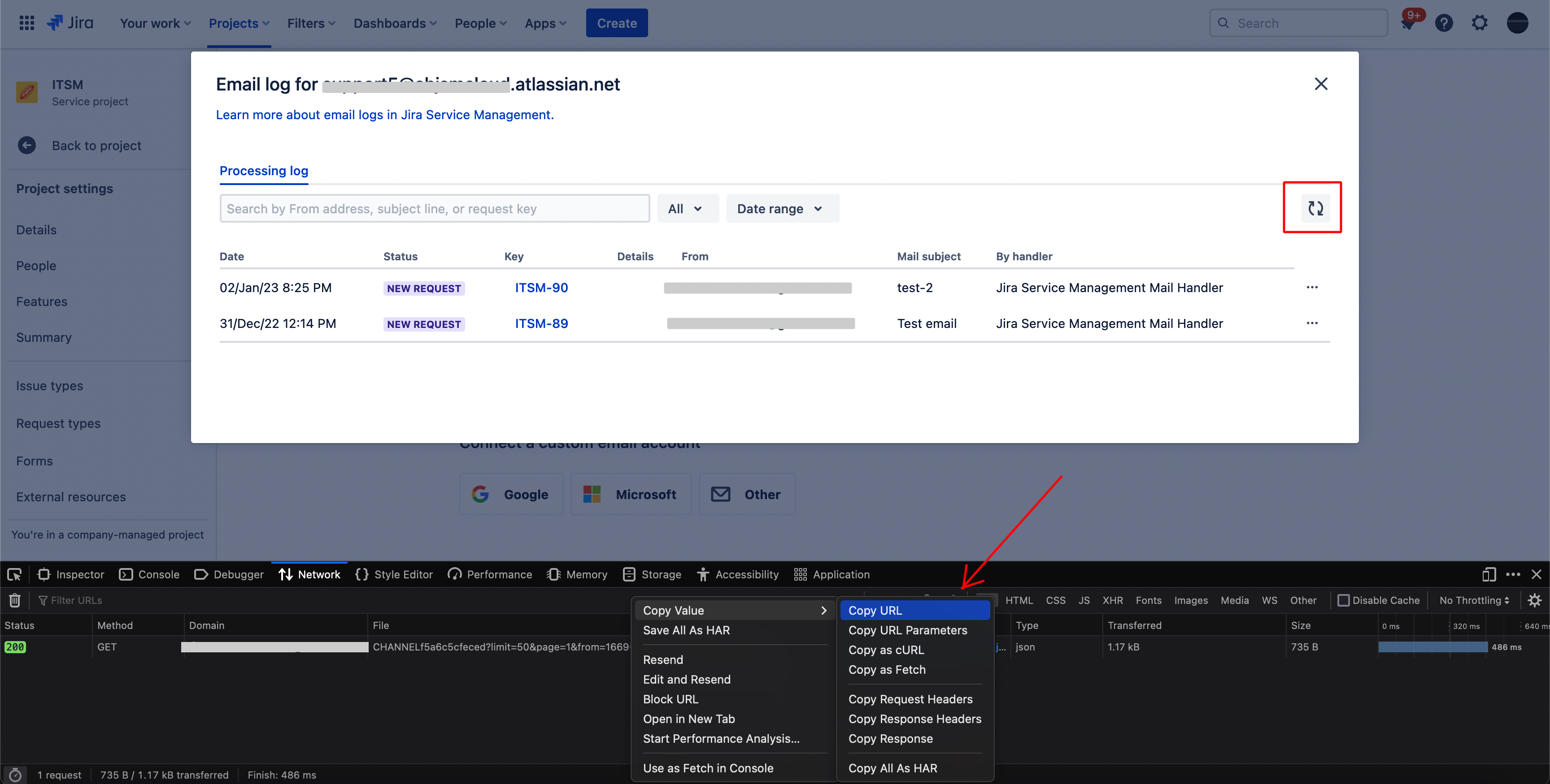 Screenshot of Jira email log displaying two new requests. The browser's network tab is open and showing the details of a GET request related to the email channel. The "Copy URL" option is highlighted in the context menu.