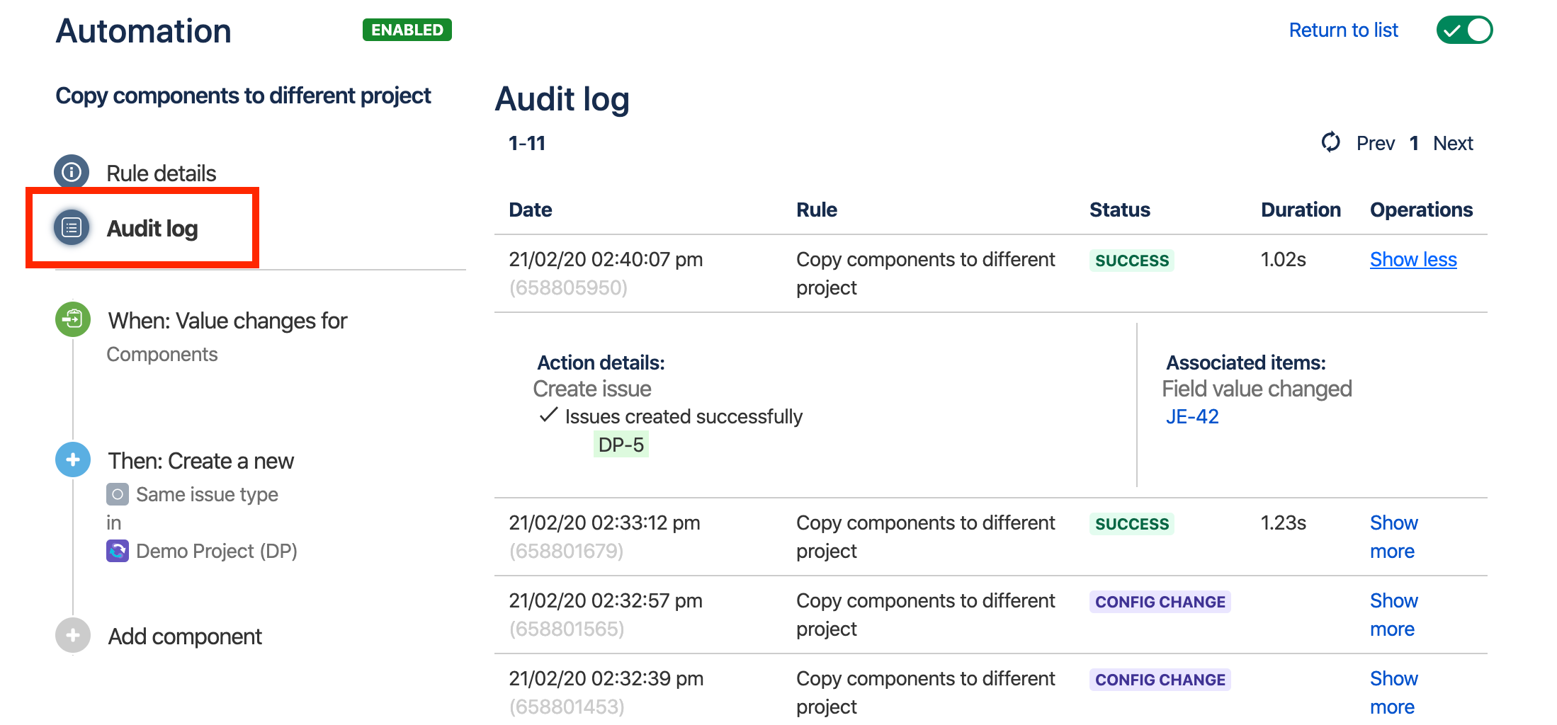 Jira のルール設定画面。[監査ログ] ボタンがハイライトされて [ルール詳細] ボタンの下でその位置が強調されています。