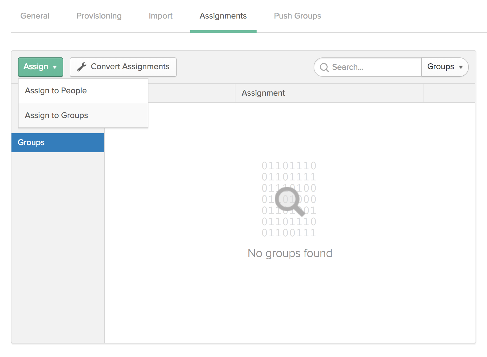 [割り当て] タブの [Assign to Groups (グループに割り当て)] が選択されています。 