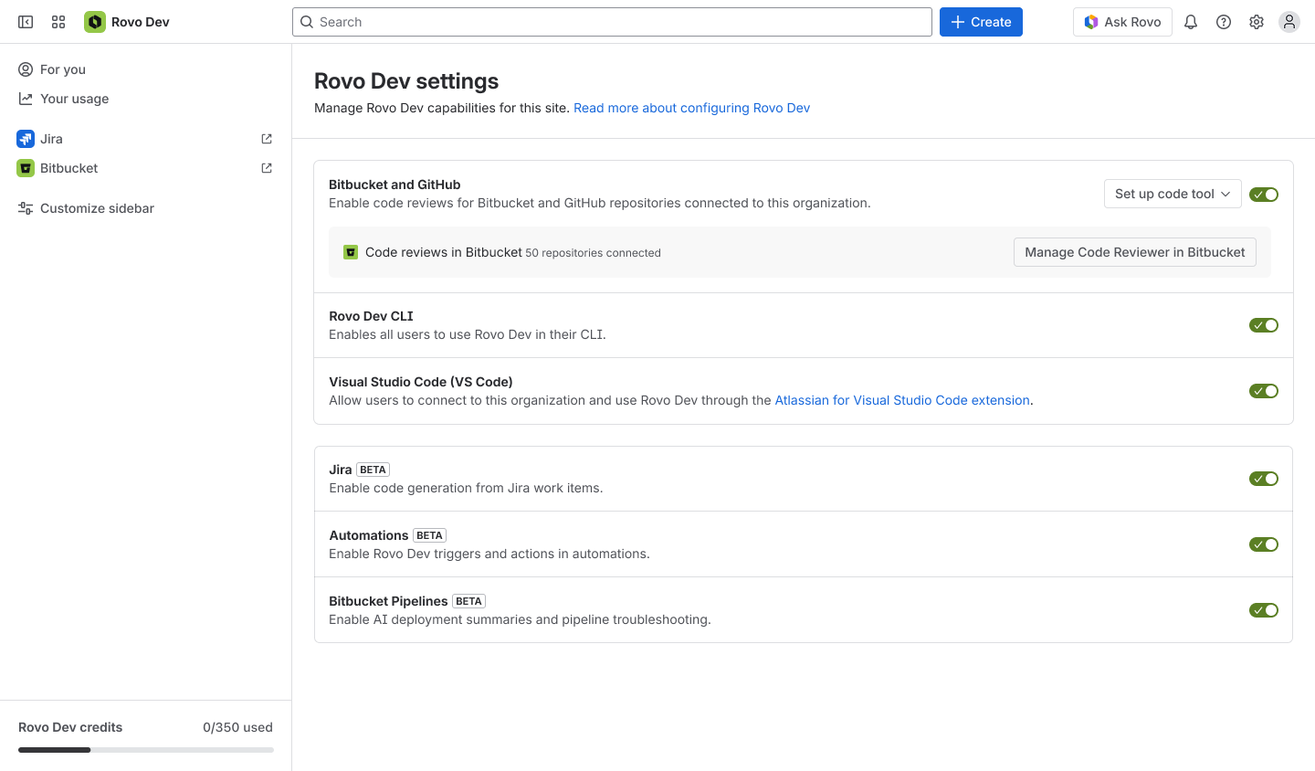 The Rovo Dev settings section.