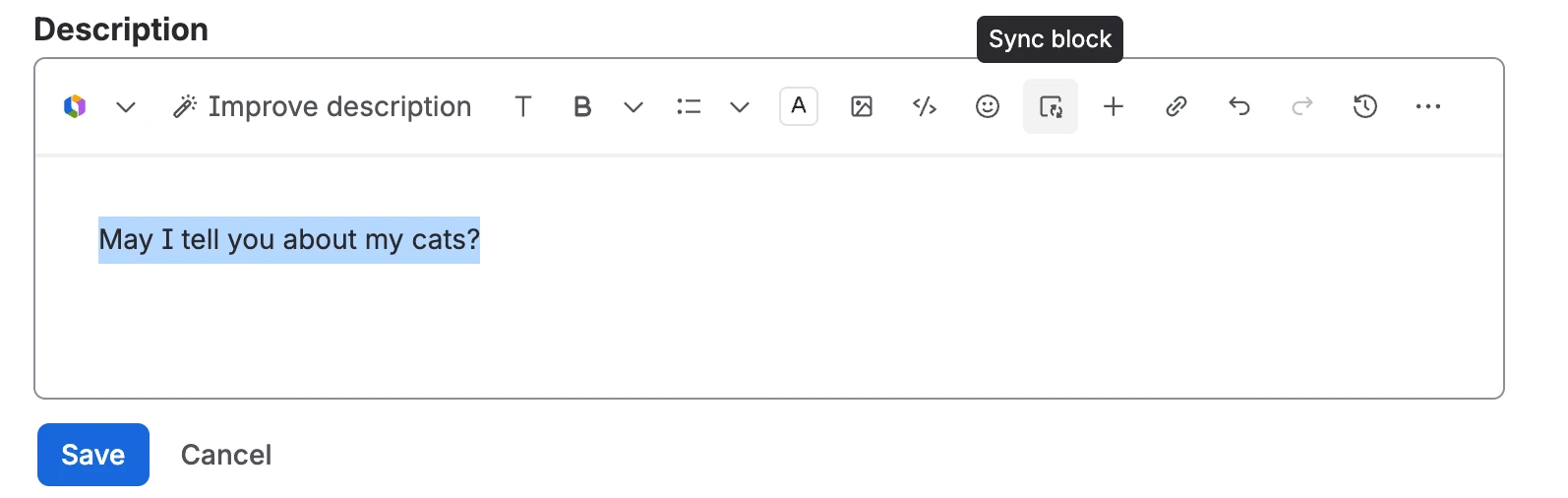 Select content to create a synced block in a Jira work item description