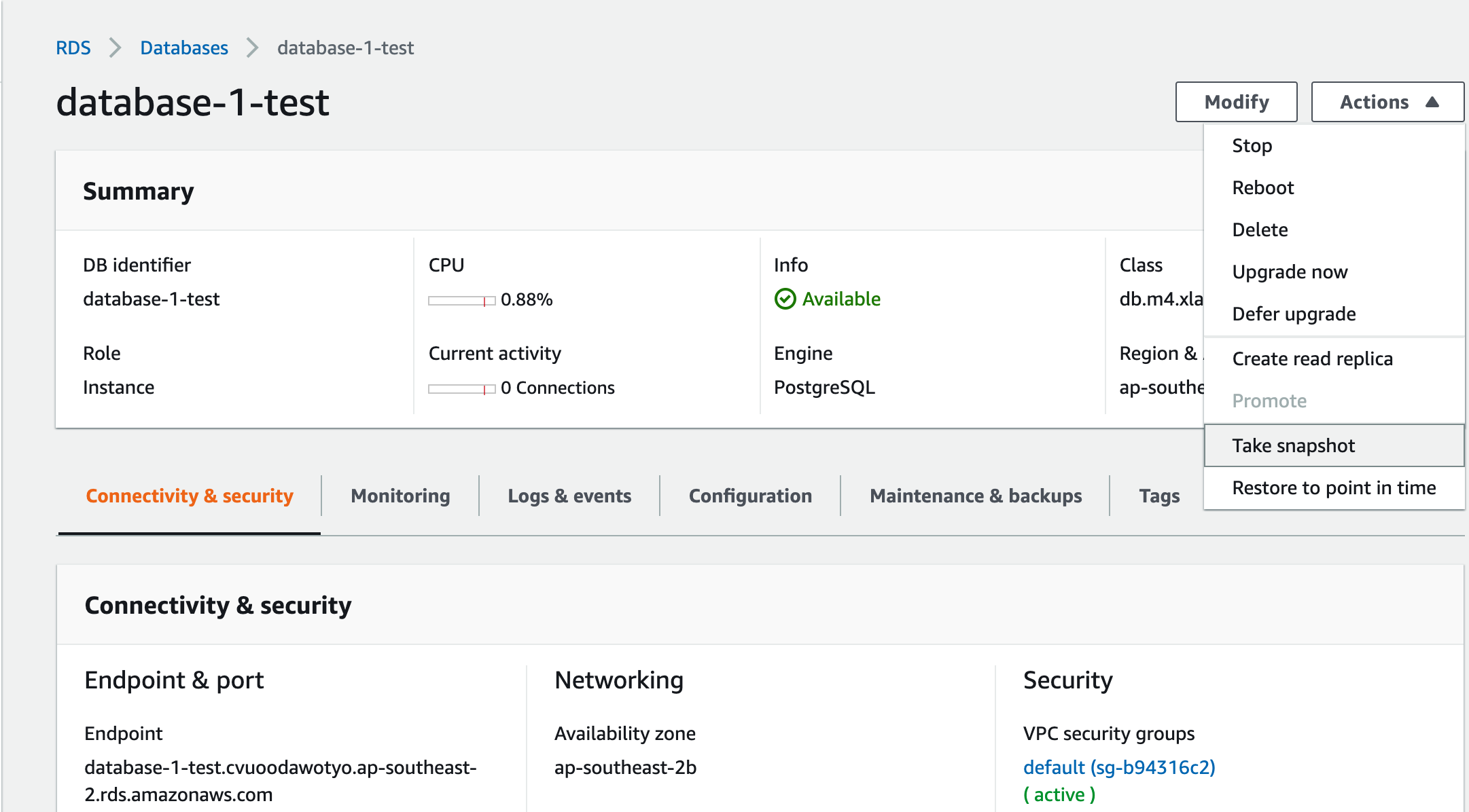 Amazon RDS database - option Take snapshot
