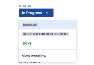 The workflow status dropdown in a company-managed project with the statuses: In progress, backlog, selected for dev, done.