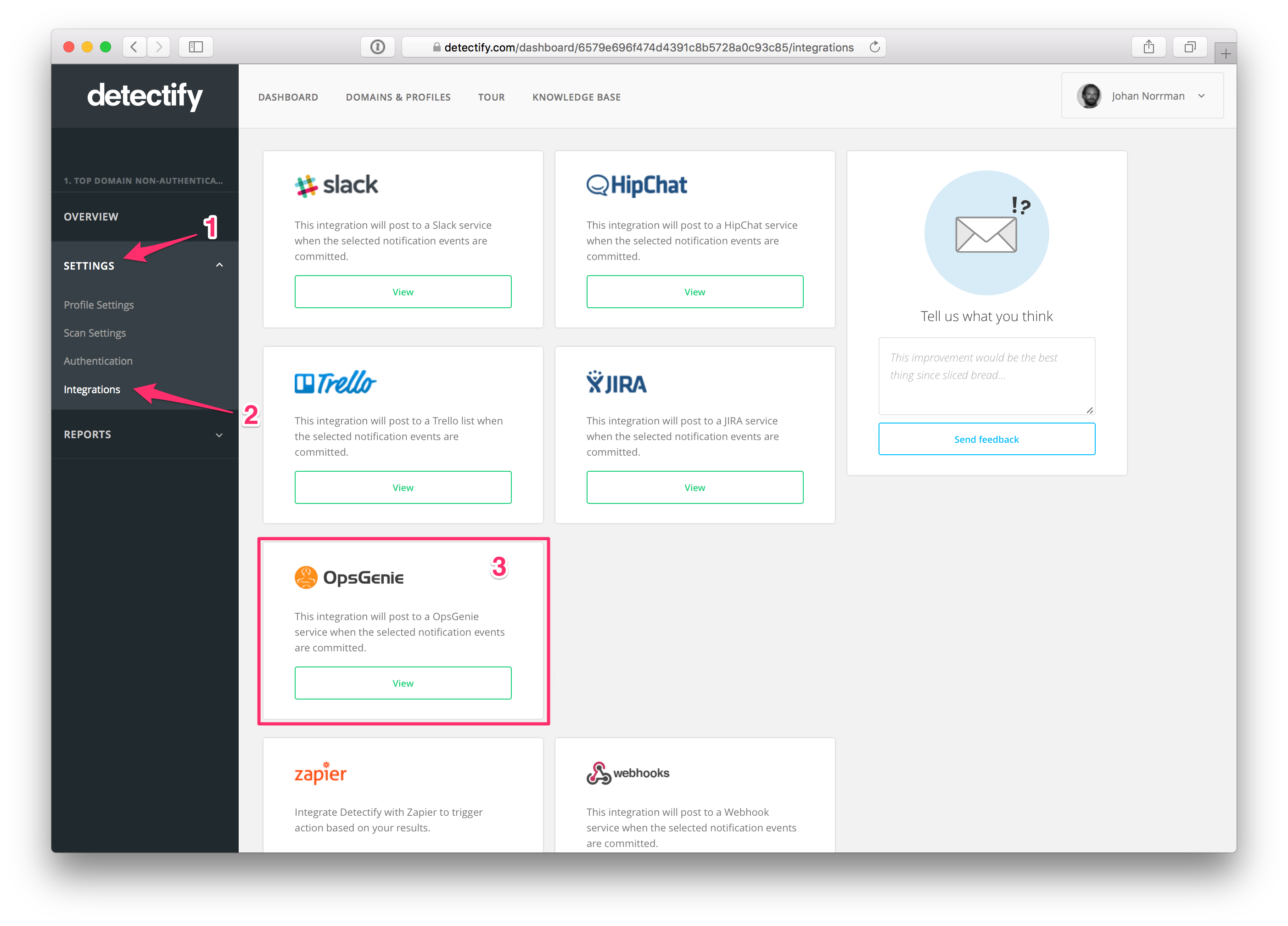 Detectify dashboard