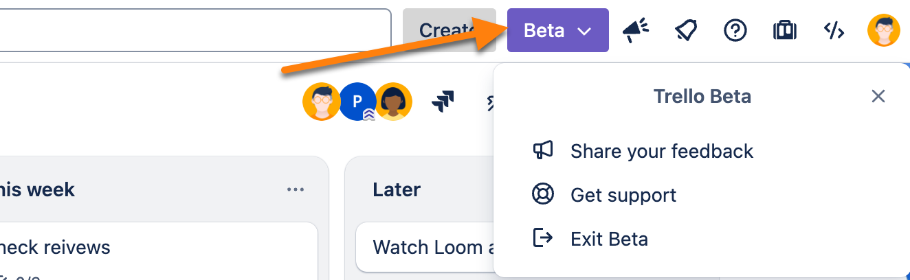 Trello global header showing an arrow pointing to the beta feedback menu.