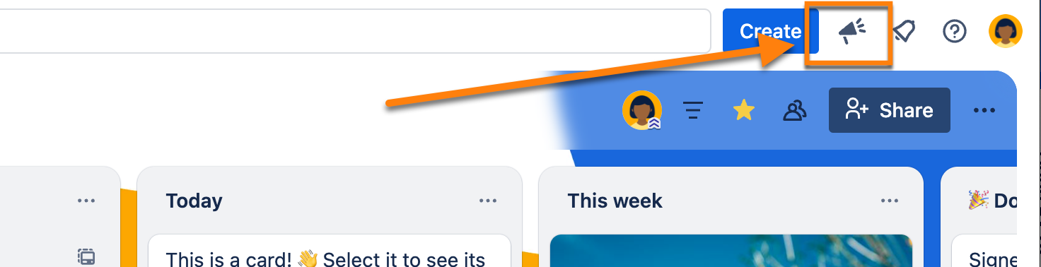 Trello global header showing an arrow pointing to the beta feedback menu.